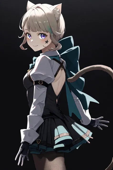 masterpiece, best quality, highres, 1girl star \(symbol\), bow bowtie clothing cutout puffy sleeves white shirt gloves cat tail black dress black skirt black pantyhose <lora:lynette:1> from behind, looking at viewer, looking back, smile