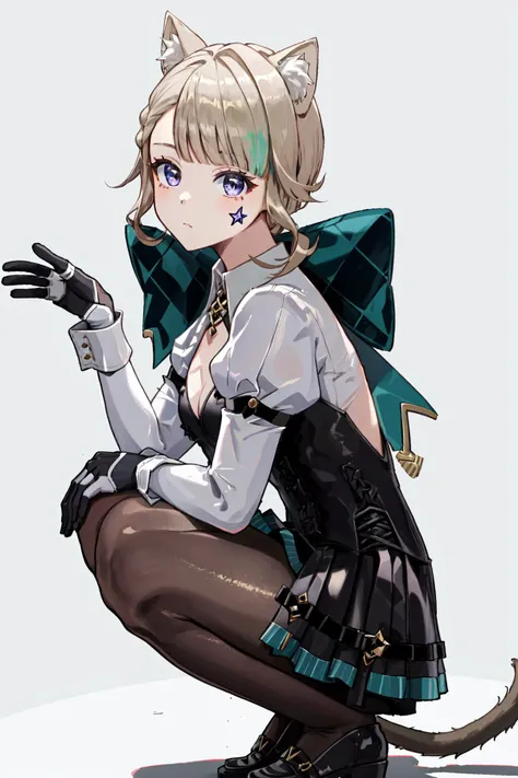 masterpiece, best quality, highres, 1girl star \(symbol\), bow bowtie clothing cutout puffy sleeves white shirt gloves cat tail black dress black skirt black pantyhose <lora:lynette:1> squatting, from side, looking at viewer