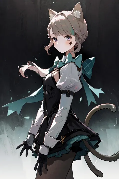 masterpiece, best quality, highres, 1girl star \(symbol\), bow bowtie clothing cutout puffy sleeves white shirt gloves cat tail black dress black skirt black pantyhose <lora:lynette:1> from side, looking at viewer