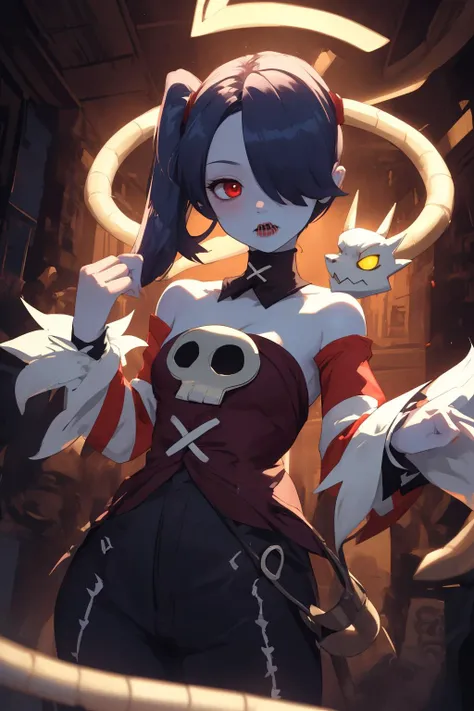<lora:squigly skullgirls:0.8> squigly,bare shoulders, detached sleeves, hair over one eye, red eyes, side ponytail, detached collar, skull, blue skin, stitches, zombie, striped sleeves, (stitched mouth:1.3),cowboy shot, dynamic pose,, beautiful lighting, dutch angle,, (masterpiece, best quality,absurdres: 1.2), perfect hands,, masterpiece,best quality,ultra-detailed,very detailed illustrations,extremely detailed,intricate details,highres,super complex details,extremely detailed 8k cg wallpaper