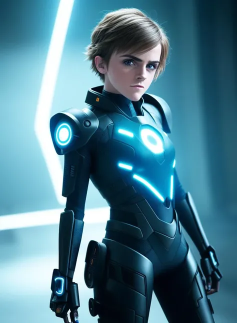 Style-TronLegacy-8v-B, blue neon, Emma Watson in mech Punk silver clothes with short hair gril, battle status, hyper detailed, digital art, Cyberpunk style, unreal engine 5 rendered, octane rendered, (extremely detailed CG unity wallpaper),(masterpiece), (best quality), (realistic), soft lighting