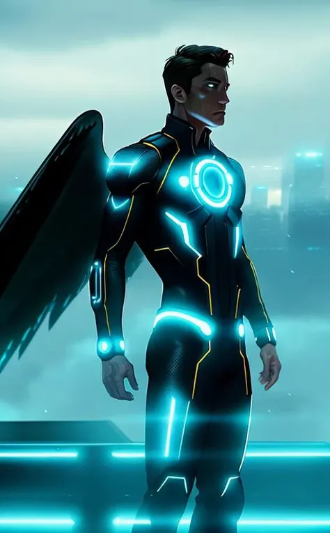 a peacock-man in a futuristic suit with wings on his chest and a city background behind him, with a futuristic cityscape in the background, Eddie Mendoza, elysium, cyberpunk art, Avian, photo, beak, realism, cgi, Peacock feathers, coveralls with tshirt <lora:babesKissableLips_1:1> perfect face, detailed eyes, gritty, by joe kubert Style-TronLegacy-12v-v2