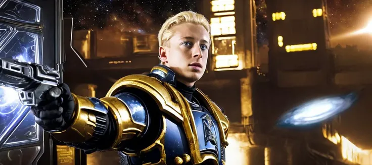 A masterpiece still frame from a of Jeremy Allen White with (((Blonde hair))) as a space prince warrior wearing ((black carbon Space marine armor)) with intricate engravings and (glowing lights embedded in shoulders), Holding energy rifle, (Style-TronLegacy-8v-A:.8), blonde hair, in a fighting pose blonde hair, imperious expression, golden eyes, atmospheric lighting, Spaceship bridge in background