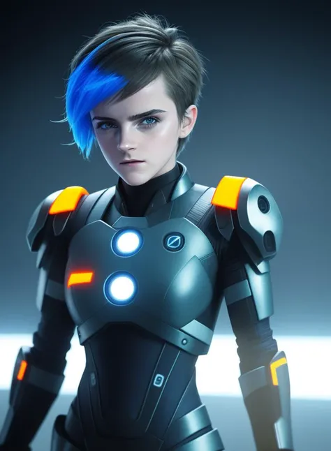 Style-TronLegacy-8v-B, blue neon, Emma Watson in mech Punk silver clothes with short hair gril, battle status, hyper detailed, digital art, Cyberpunk style, unreal engine 5 rendered, octane rendered, (extremely detailed CG unity wallpaper),(masterpiece), (best quality), (realistic), soft lighting