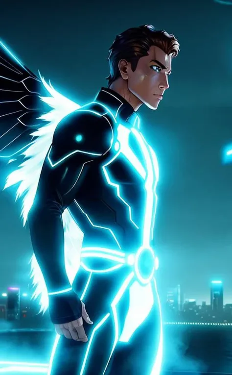 a peacock-man in a futuristic suit with wings on his chest and a city background behind him, with a futuristic cityscape in the background, Eddie Mendoza, elysium, cyberpunk art, Avian, photo, beak, realism, cgi, Peacock feathers, coveralls with tshirt <lora:babesKissableLips_1:1> perfect face, detailed eyes, gritty, by joe kubert Style-TronLegacy-12v-v2