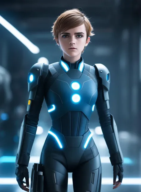 Style-TronLegacy-8v-B, blue neon, Emma Watson in mech Punk silver clothes with short hair gril, battle status, hyper detailed, digital art, Cyberpunk style, unreal engine 5 rendered, octane rendered, (extremely detailed CG unity wallpaper),(masterpiece), (best quality), (realistic), soft lighting