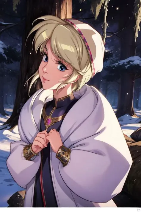 (masterpiece:1.1), (best quality:1.1), 1girl, Real light and shadow, anime face, 4k, 8k, wallpaper,epic, detail texture, blonde hair, (blue eyes:1.5), ((((blond hair:1.35, short hair)))),intricate eyes,beautiful detailed eyes,symmetrical eyes,big eyes:1.5,(((lustrous skin:1.5,bright skin: 1.5,skin tanned,shiny skin,very shiny skin,shiny body,plastic glitter skin,exaggerated shiny skin,illuminated skin))),(detailed body,(detailed face)), (((medieval man armor,adventurer man clothing,winter coat,unbuttoned shirt))),(((intricate outfit,intricate clothes,embroidered outfit,ornate outfit,embroidered clothes,ornate armor))), (dynamic pose:1.0),happy,smile,(centered,scale to fit dimensions,Rule of thirds), ((snowy pine forest at night)), with dark stormy clouds,winter,scenery:1.25,((snow forest background)),Christmas tree, highres,sharp focus,(ultra detailed,extremely detailed),(photorealistic artwork:1.37),(extremely detailed CG unity 8k wallpaper),(((vibrant colors,vibrant theme))),(intricate),(masterpiece),(best quality),