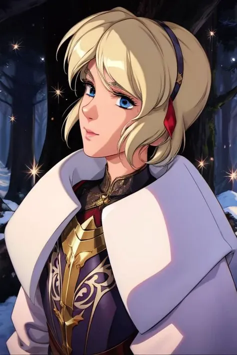 (masterpiece:1.1), (best quality:1.1), 1girl, Real light and shadow, anime face, 4k, 8k, wallpaper,epic, detail texture, blonde hair, (blue eyes:1.5), ((((blond hair:1.35, short hair)))),intricate eyes,beautiful detailed eyes,symmetrical eyes,big eyes:1.5,(((lustrous skin:1.5,bright skin: 1.5,skin tanned,shiny skin,very shiny skin,shiny body,plastic glitter skin,exaggerated shiny skin,illuminated skin))),(detailed body,(detailed face)), (((medieval man armor,adventurer man clothing,winter coat,unbuttoned shirt))),(((intricate outfit,intricate clothes,embroidered outfit,ornate outfit,embroidered clothes,ornate armor))), (dynamic pose:1.0),happy,smile,(centered,scale to fit dimensions,Rule of thirds), ((snowy pine forest at night)), with dark stormy clouds,winter,scenery:1.25,((snow forest background)),Christmas tree, highres,sharp focus,(ultra detailed,extremely detailed),(photorealistic artwork:1.37),(extremely detailed CG unity 8k wallpaper),(((vibrant colors,vibrant theme))),(intricate),(masterpiece),(best quality),