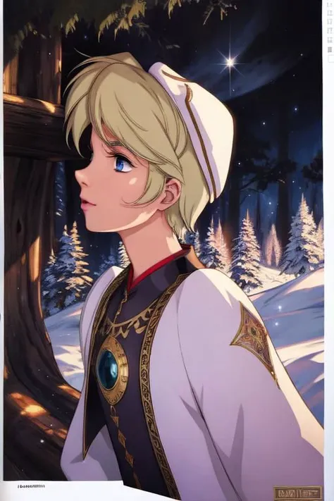 (masterpiece:1.1), (best quality:1.1), 1girl, Real light and shadow, anime face, 4k, 8k, wallpaper,epic, detail texture, blonde hair, (blue eyes:1.5), ((((blond hair:1.35, short hair)))),intricate eyes,beautiful detailed eyes,symmetrical eyes,big eyes:1.5,(((lustrous skin:1.5,bright skin: 1.5,skin tanned,shiny skin,very shiny skin,shiny body,plastic glitter skin,exaggerated shiny skin,illuminated skin))),(detailed body,(detailed face)), (((medieval man armor,adventurer man clothing,winter coat,unbuttoned shirt))),(((intricate outfit,intricate clothes,embroidered outfit,ornate outfit,embroidered clothes,ornate armor))), (dynamic pose:1.0),happy,smile,(centered,scale to fit dimensions,Rule of thirds), ((snowy pine forest at night)), with dark stormy clouds,winter,scenery:1.25,((snow forest background)),Christmas tree, highres,sharp focus,(ultra detailed,extremely detailed),(photorealistic artwork:1.37),(extremely detailed CG unity 8k wallpaper),(((vibrant colors,vibrant theme))),(intricate),(masterpiece),(best quality),