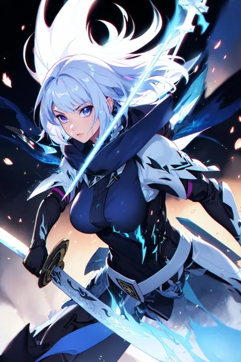 colorful, 1girl, white hair, purple eyes, dual wielding, sword, holding sword, blue flames, glow, glowing weapon, light particles, wallpaper, chromatic aberration