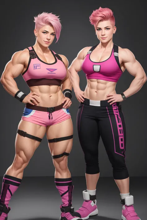 full body, two women, 2girls, russian girl zarya from overwatch, prominent jaw, short spiky side cut, pink hair, muscular body, flexing arm muscles, small breasts, smile