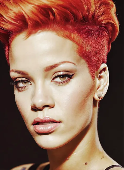analog style, modelshoot style, portrait of sks woman by Flora Borsi, style by Flora Borsi, bold, bright colours, orange Mohawk haircut, ((Flora Borsi)), <lora:locon_miley_v1_from_v3_64_32:1.3>