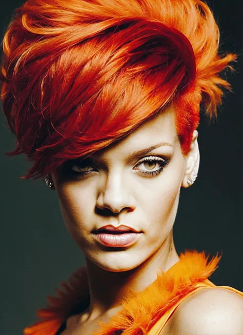 analog style, modelshoot style, portrait of sks woman by Flora Borsi, style by Flora Borsi, bold, bright colours, orange Mohawk haircut, ((Flora Borsi)), <lora:locon_rihanna_v1_from_v1_64_32:1.3>