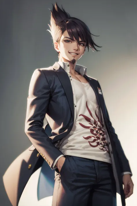 (masterpiece, best quality:1.2), <lora:danganronpa_momota-10:1>, cowboy shot, solo, male focus, 1boy, momota kaito, facial hair, grin, looking at viewer, spiked hair, open clothes, jacket, shirt, long sleeves, pants