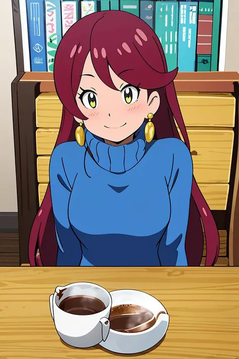 <lora:Alola_Style:0.7>, ((masterpiece,best quality)), absurdres, 1girl, sweater, smile, blushing, turtleneck, earrings, library, cup of steaming coffee, looking at viewer,