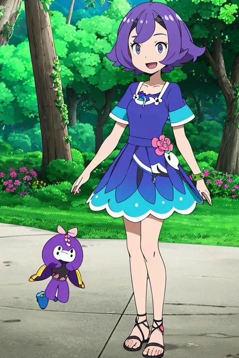 <lora:Alola_Style:0.8>, ((masterpiece,best quality)), absurdres,
1girl, smile, short hair, open mouth, hair ornament, dress, standing, purple hair, flower, short sleeves, outdoors, tree, grey eyes, torn clothes, sandals, nature, armlet, flipped hair, stitches, multicolored dress, topknot, torn dress