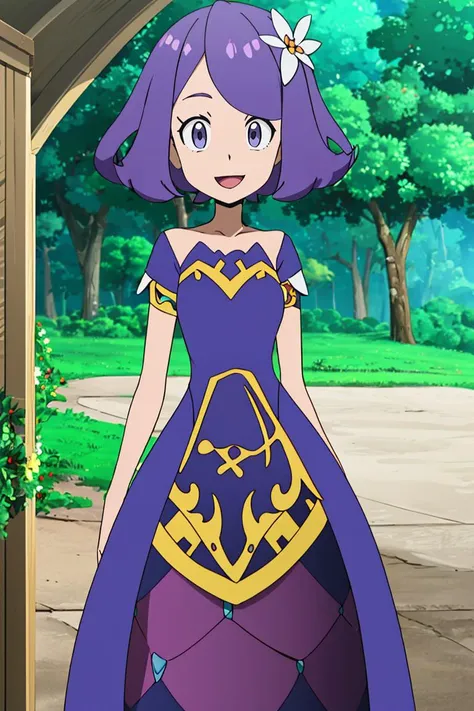 <lora:Alola_Style:0.8>, ((masterpiece,best quality)), absurdres,
1girl, smile, short hair, open mouth, hair ornament, dress, standing, purple hair, flower, short sleeves, outdoors, tree, grey eyes, torn clothes, nature, armlet, flipped hair, multicolored dress, topknot, cowboy shot, long dress, curvy,
