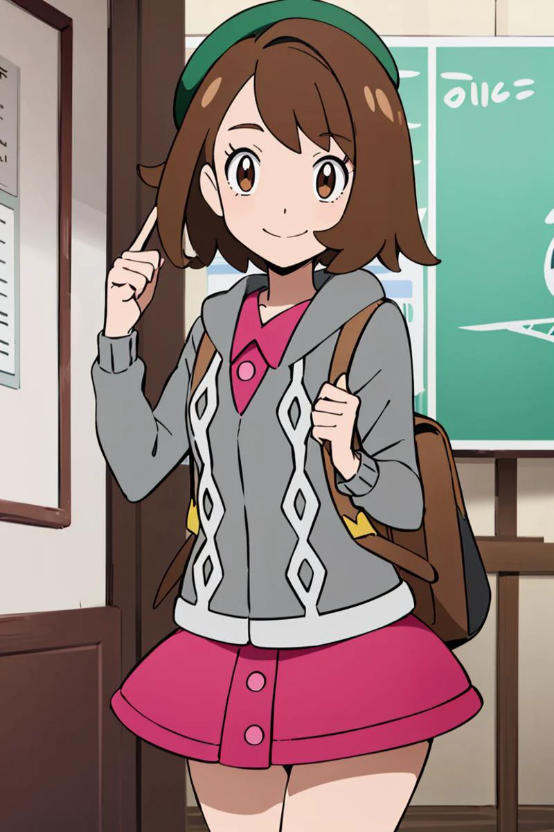 <lora:Alola_Style:0.65>, ((masterpiece,best quality)), absurdres, <lora:gloria_(pokemon)_v1:0.7>, gloria \(pokemon\), brown hair, solo, backpack, brown eyes, tam o' shanter, grey cardigan, pink dress, short hair, green socks, socks, brown bag, bob cut, bangs, long sleeves, collared dress, solo, smiling, looking at viewer, cowboy shot, ,
