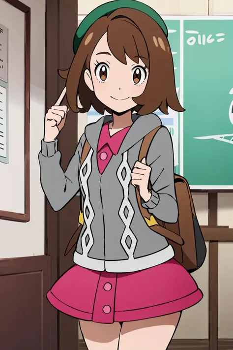 <lora:Alola_Style:0.65>, ((masterpiece,best quality)), absurdres,  <lora:gloria_(pokemon)_v1:0.7>,  gloria \(pokemon\), brown hair, solo, backpack, brown eyes, tam o' shanter, grey cardigan, pink dress, short hair, green socks, socks, brown bag, bob cut, bangs, long sleeves, collared dress,  solo, smiling, looking at viewer, cowboy shot,  ,