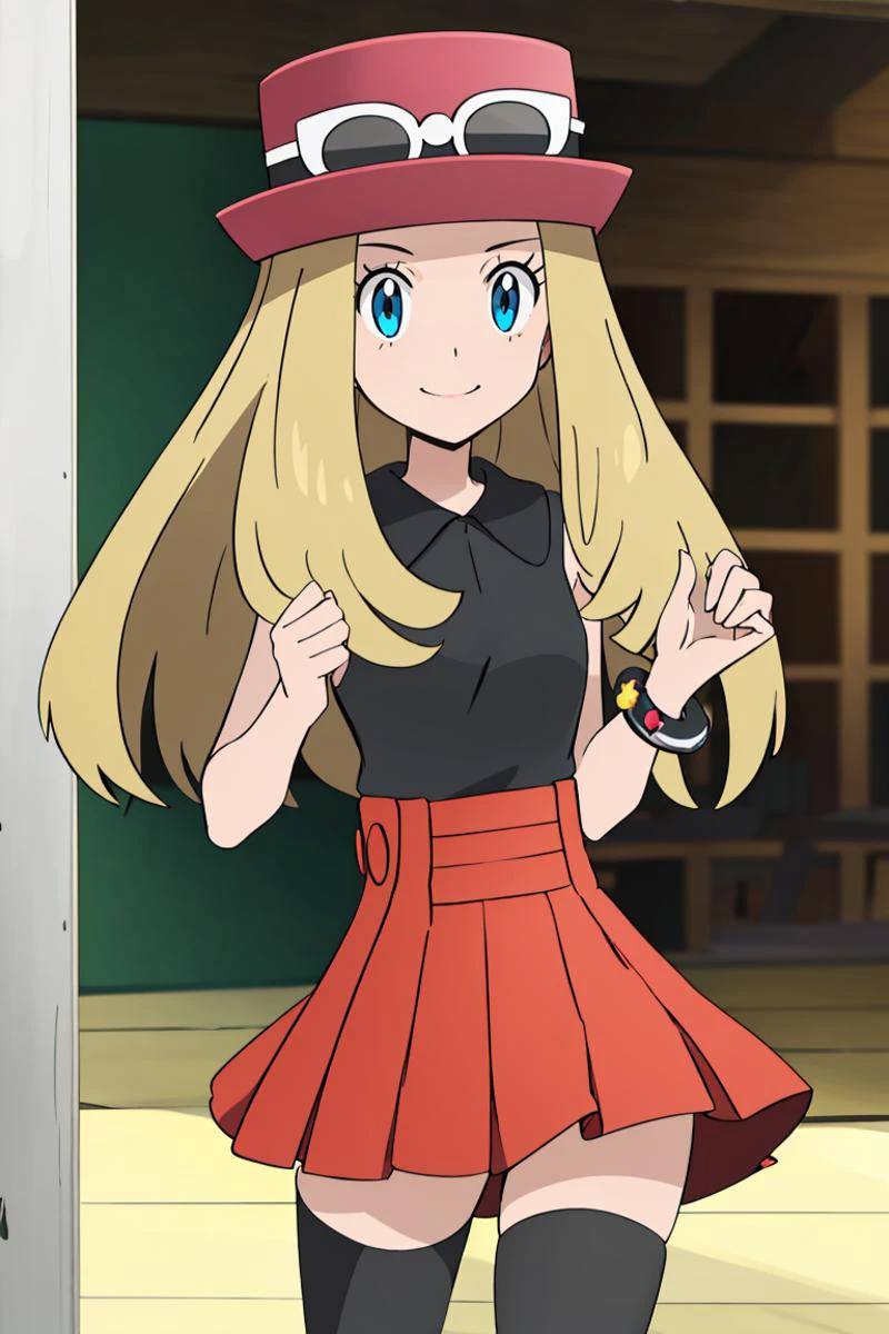 <lora:Alola_Style:0.65>, ((masterpiece,best quality)), absurdres, <lora:serena_v1:0.7>, serena \(pokemon\), 1girl, long hair, blue eyes, thighhighs, long hair, hat, jewelry, bracelet, black thighhighs, collared shirt, pleated skirt, red skirt, sleeveless, high-waist skirt, sleeveless shirt, eyelashes, pink headwear, black shirt, eyewear on headwear, solo, smiling, looking at viewer, cowboy shot, ,