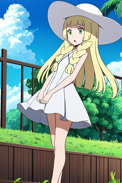 <lora:Alola_Style:0.7>, ((masterpiece,best quality)), absurdres, 
1girl, solo, long hair, open mouth, blonde hair, hat, dress, green eyes, braid, outdoors, sky, sleeveless, day, cloud, white dress, twin braids, tree, sleeveless dress, white headwear, grass, sun hat, fence, palm tree