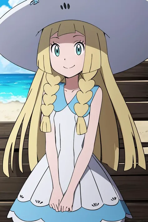 <lora:Alola_Style:0.65>, masterpiece, best quality, highres, aalillie, long hair, braid, sun hat, white headwear, collarbone, sleeveless dress, white dress, <lora:lillie_(pokemon)_v1:0.7>, smile, outdoors, tropical beach, cowboy shot