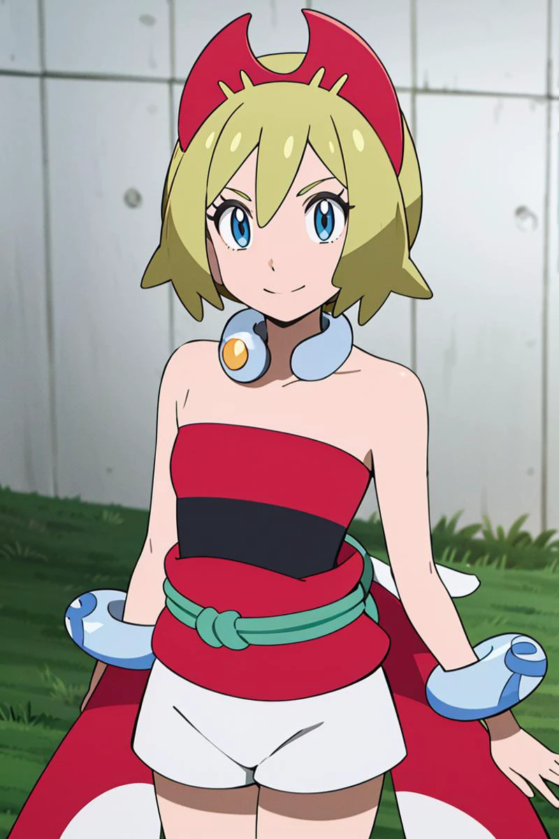 <lora:Alola_Style:0.65>, ((masterpiece,best quality)), absurdres, <lora:irida_(pokemon)_v1:0.7>, aairida, short hair, red hairband, neck ring, collar, strapless shirt, red shirt, bracelet, sash, waist cape, white shorts, bare legs, solo, smiling, looking at viewer, cowboy shot, ,