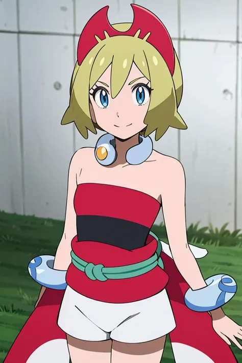 <lora:Alola_Style:0.65>, ((masterpiece,best quality)), absurdres,  <lora:irida_(pokemon)_v1:0.7>, aairida, short hair, red hairband, neck ring, collar, strapless shirt, red shirt, bracelet, sash, waist cape, white shorts, bare legs, solo, smiling, looking at viewer, cowboy shot,  ,