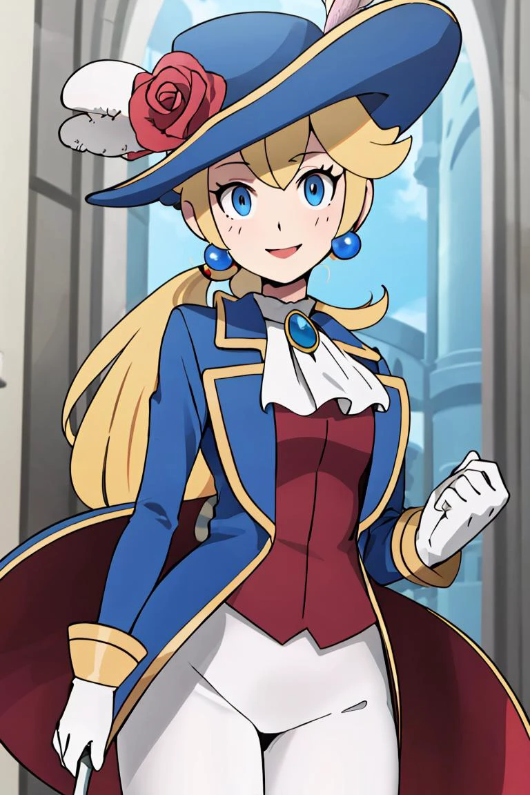 <lora:Alola_Style:0.65>, ((masterpiece,best quality)), absurdres, <lora:Princess_Peach_Nintendo:0.8>, Swordfighter_Peach, solo, 1girl, hat, blonde hair, blue eyes, jewelry, earrings, long hair, rapier, hat feather, pants, ascot, red rose, hat flower, ponytail, white pants, white gloves, boots, blue jacket, long sleeves, smiling, looking at viewer, cowboy shot,