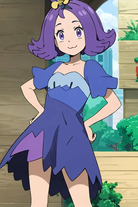 <lora:Alola_Style:0.65>, ((masterpiece,best quality)), absurdres,  
<lora:AcerolaLora-10:0.7>, acerola, purple dress, short sleeves, smile, , :3, hand on hip,