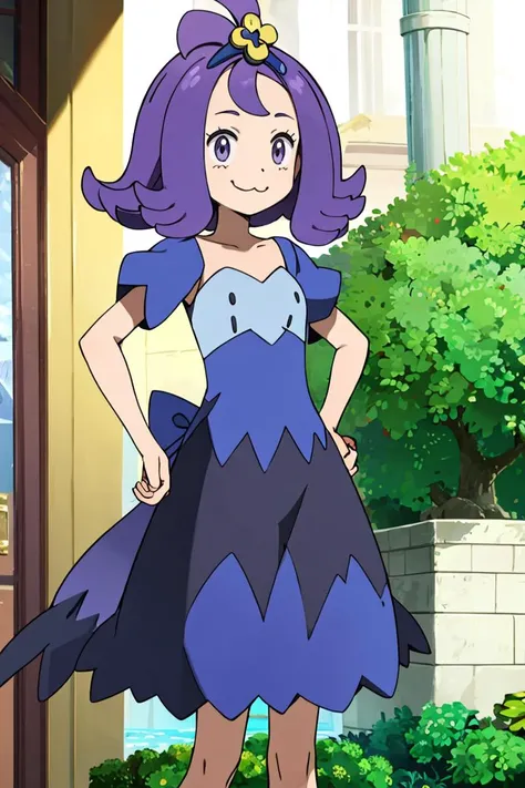 <lora:Alola_Style:0.65>, ((masterpiece,best quality)), absurdres,
<lora:AcerolaLora-10:0.7>, acerola, purple dress, short sleeves, smile, , :3, hand on hip,