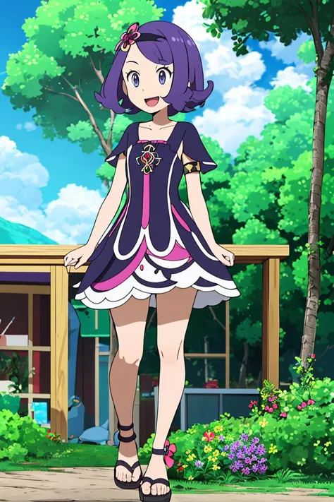 <lora:Alola_Style:0.8>, ((masterpiece,best quality)), absurdres,
1girl, smile, short hair, open mouth, hair ornament, dress, standing, purple hair, flower, short sleeves, outdoors, tree, grey eyes, torn clothes, sandals, nature, armlet, flipped hair, stitches, multicolored dress, topknot, torn dress