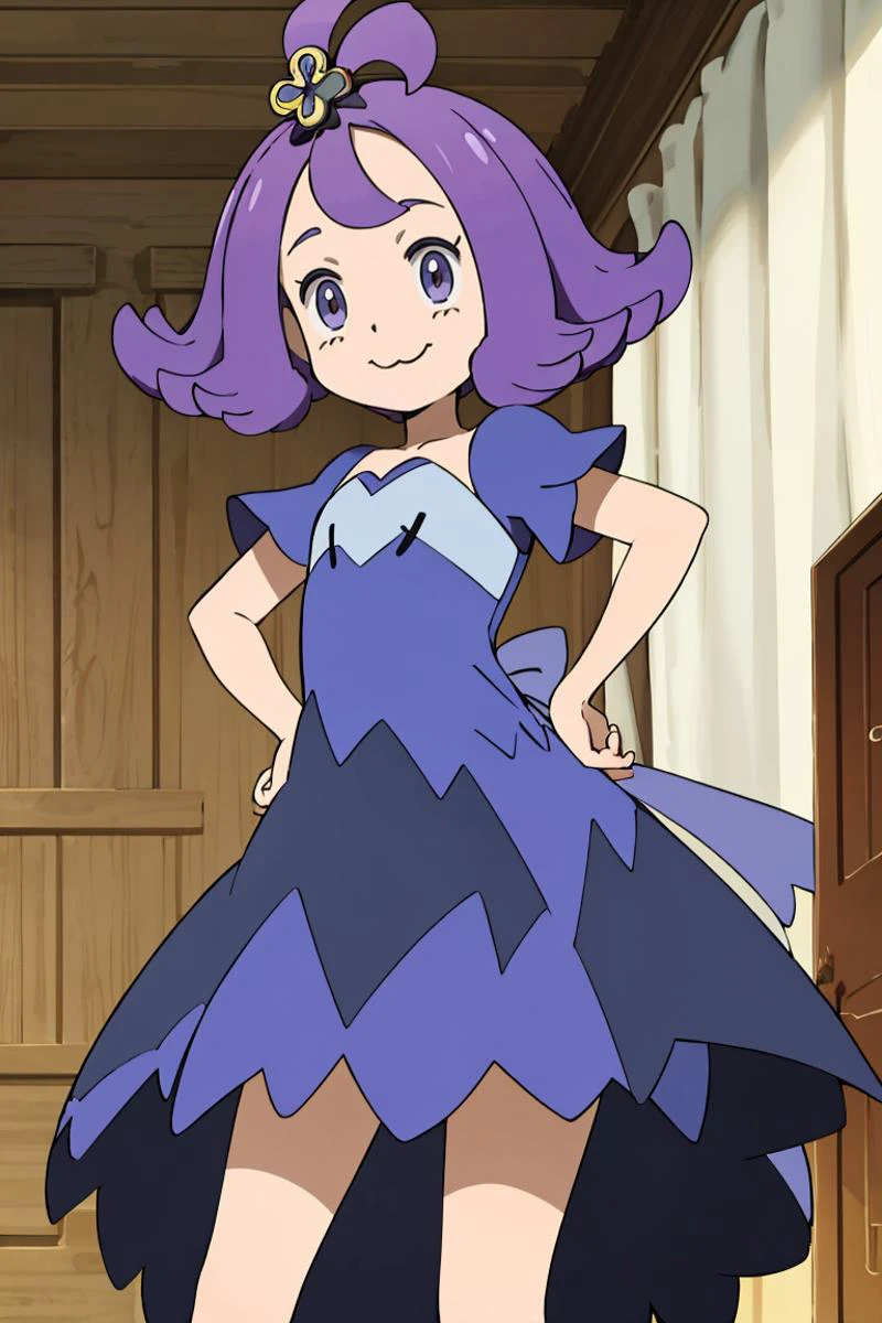 <lora:Alola_Style:0.65>, ((masterpiece,best quality)), absurdres,
<lora:AcerolaLora-10:0.7>, acerola, purple dress, short sleeves, smile, , :3, hand on hip,