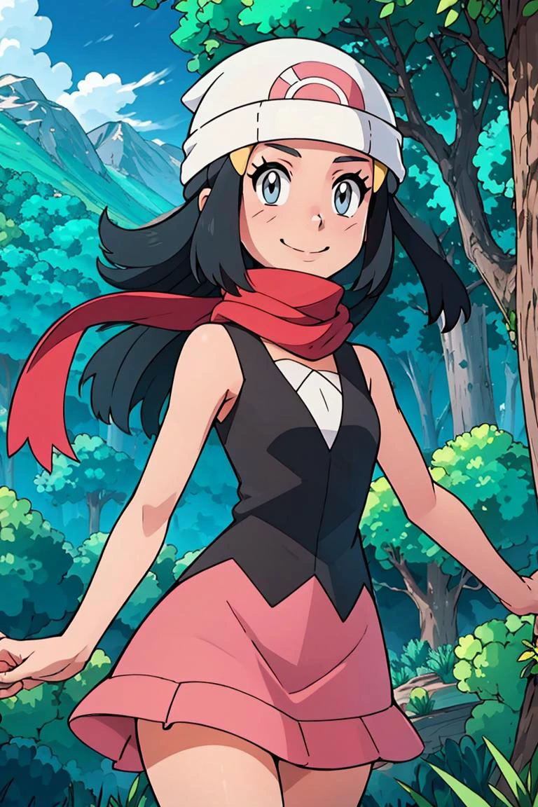 <lora:Alola_Style:0.5>,((masterpiece, best quality)), <lora:DawnLora:0.7>, dawn \(pokemon\), black shirt, sleeveless, red scarf, pink skirt, white headwear, beanie, smile, forest, pine tree,