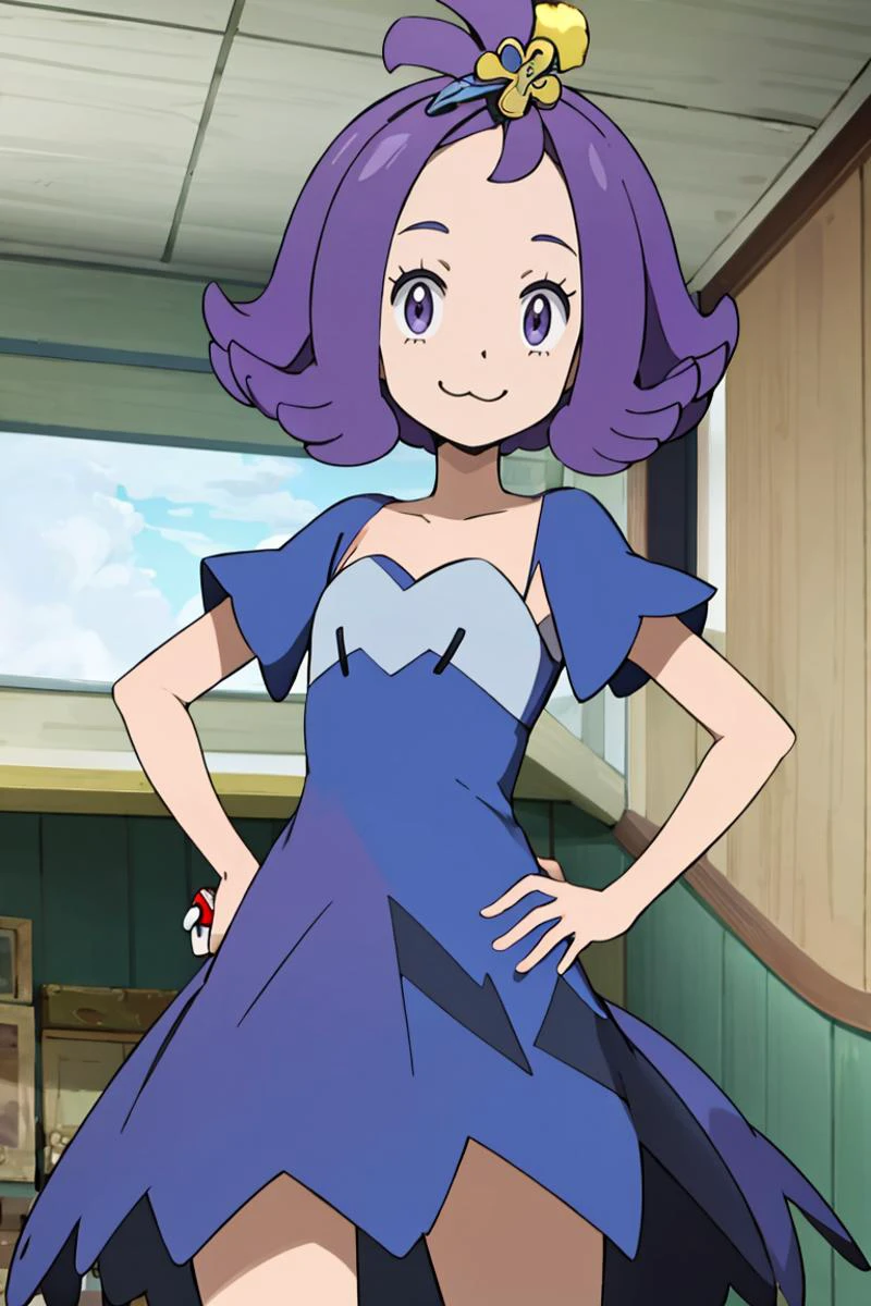 <lora:Alola_Style:0.65>, ((masterpiece,best quality)), absurdres,
<lora:AcerolaLora-10:0.7>, acerola, purple dress, short sleeves, smile, , :3, holding poke ball, hand on hip, poke ball \(basic\),