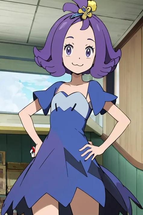 <lora:Alola_Style:0.65>, ((masterpiece,best quality)), absurdres,  
<lora:AcerolaLora-10:0.7>, acerola, purple dress, short sleeves, smile, , :3, holding poke ball, hand on hip, poke ball \(basic\),