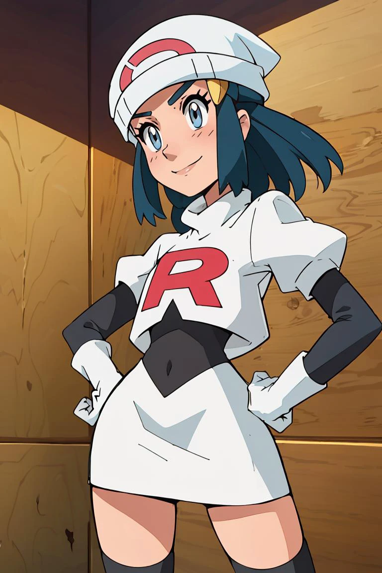 <lora:Alola_Style:0.5>,((masterpiece, best quality)), <lora:DawnLora:0.7>, dawn \(pokemon\), team rocket uniform, white jacket, cropped jacket, white skirt, glare, smile, white headwear, beanie, black gloves, elbow gloves, black thighhighs, hand on hip, contrapposto,