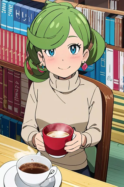 <lora:Alola_Style:0.7>, ((masterpiece,best quality)), absurdres, 1girl, sweater, smile, blushing, turtleneck, earrings, library, cup of steaming coffee, looking at viewer,