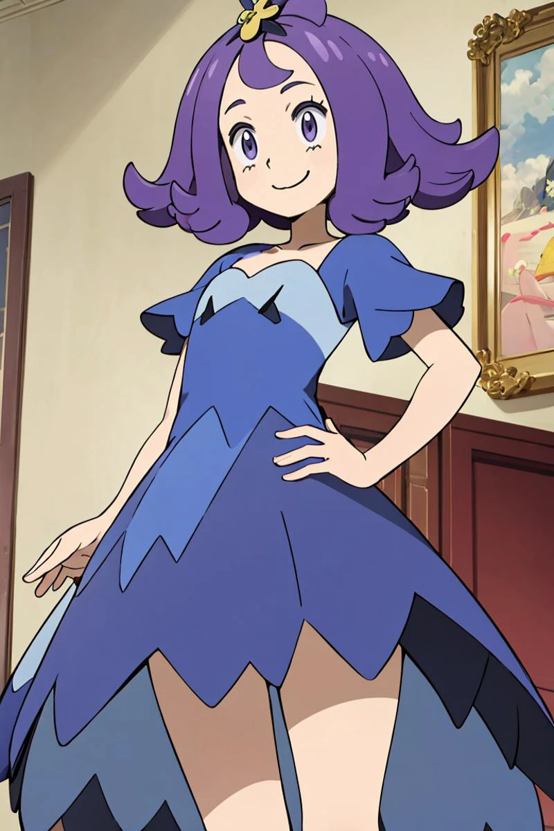 <lora:Alola_Style:0.65>, ((masterpiece,best quality)), absurdres,
<lora:AcerolaLora-10:0.7>, acerola, purple dress, short sleeves, smile, , :3, hand on hip,