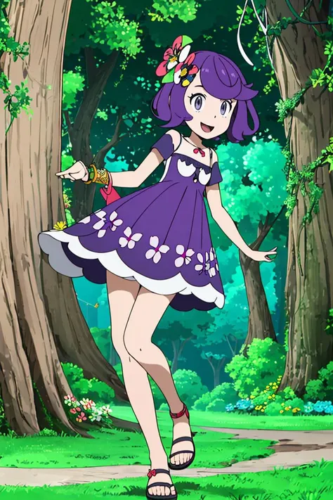 <lora:Alola_Style:0.8>, ((masterpiece,best quality)), absurdres,
1girl, smile, short hair, open mouth, hair ornament, dress, standing, purple hair, flower, short sleeves, outdoors, tree, grey eyes, torn clothes, sandals, nature, armlet, flipped hair, stitches, multicolored dress, topknot, torn dress