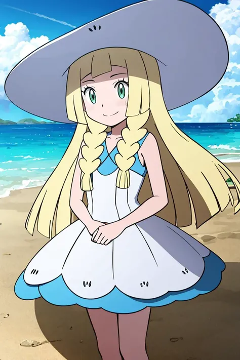<lora:Alola_Style:0.65>, masterpiece, best quality, highres, aalillie, long hair, braid, sun hat, white headwear, collarbone, sleeveless dress, white dress, <lora:lillie_(pokemon)_v1:0.7>, smile, outdoors, tropical beach, cowboy shot