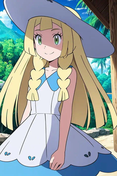 <lora:Alola_Style:0.65>, masterpiece, best quality, highres, aalillie, long hair, braid, sun hat, white headwear, collarbone, sleeveless dress, white dress, <lora:lillie_(pokemon)_v1:0.7>, smile, outdoors, tropical beach, cowboy shot