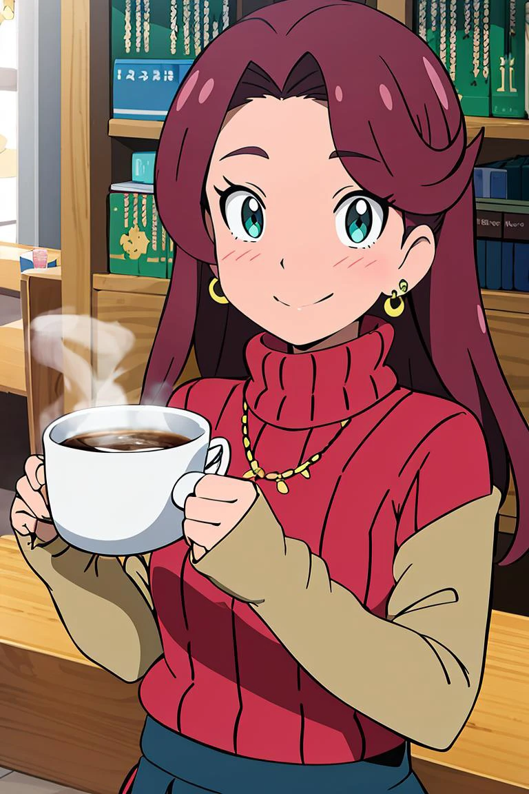 <lora:Alola_Style:0.7>, ((masterpiece,best quality)), absurdres, 1girl, sweater, smile, blushing, turtleneck, earrings, library, cup of steaming coffee, looking at viewer,