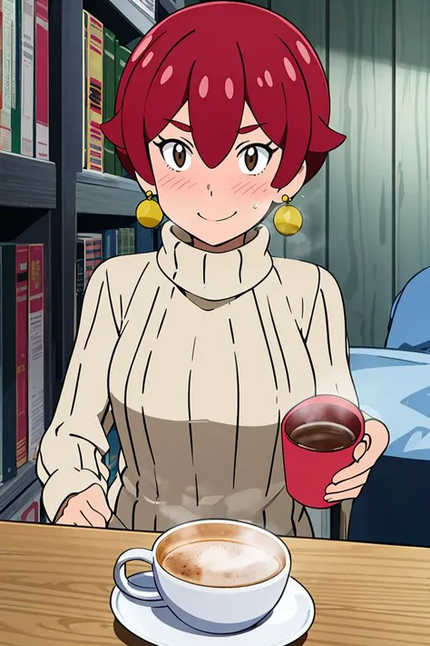 <lora:Alola_Style:0.7>, ((masterpiece,best quality)), absurdres, 1girl, sweater, smile, blushing, turtleneck, earrings, library, cup of steaming coffee, looking at viewer,