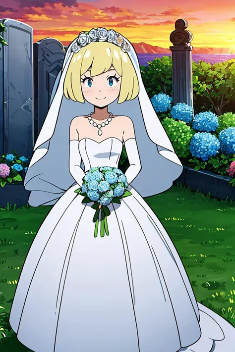 <lora:Alola_Style:0.7>, ((masterpiece,best quality)), absurdres, 1girl, bride, wedding dress, bridal veil, strapless dress, elbow gloves, white rose, pearl necklace, outdoors, graveyard, grass, bush, sunset, hydrangea, blush, smile