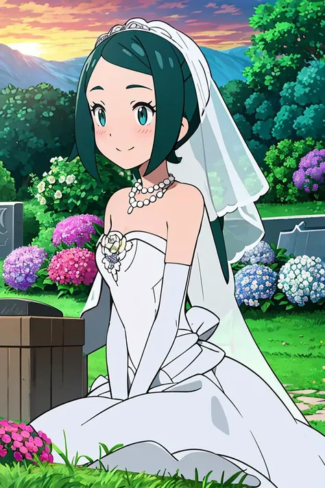 <lora:Alola_Style:0.7>, ((masterpiece,best quality)), absurdres, 1girl, bride, wedding dress, bridal veil, strapless dress, elbow gloves, white rose, pearl necklace, outdoors, graveyard, grass, bush, sunset, hydrangea, blush, smile