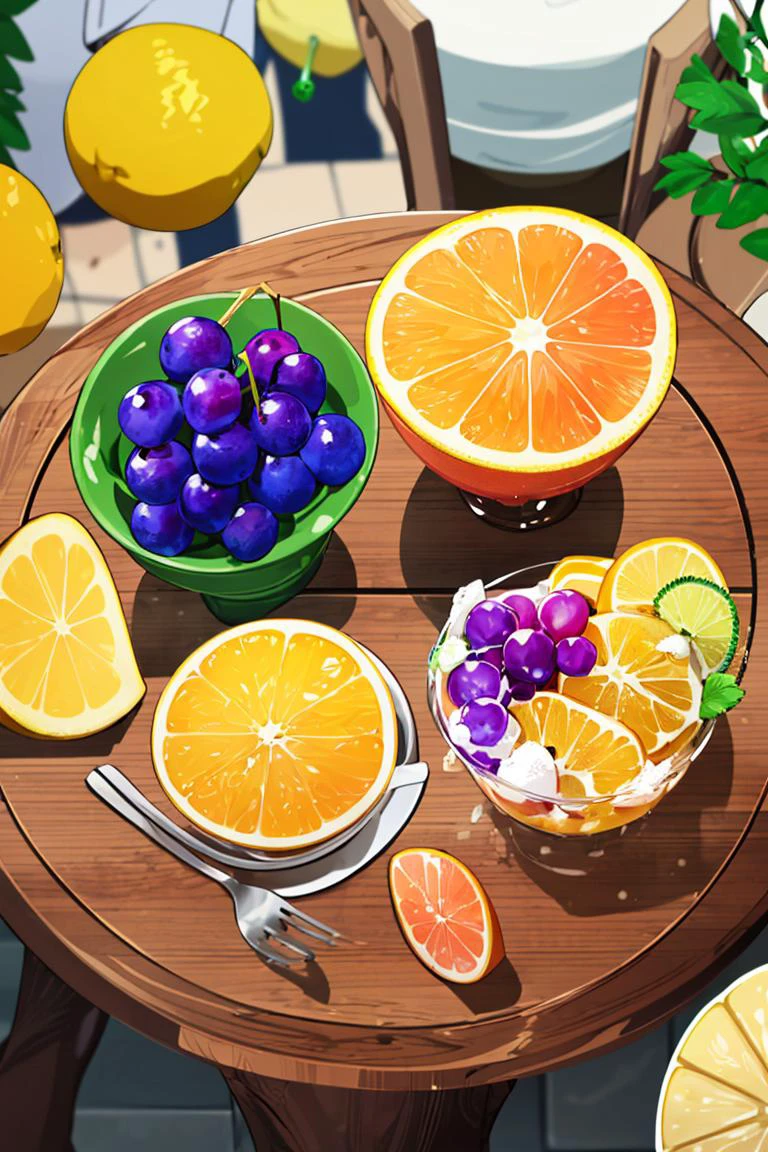 <lora:Alola_Style:0.6>, ((masterpiece,best quality)), absurdres,
food focus, food, cup, fruit, table, drinking glass, ice, drink, fork, glass, grapes, orange (fruit), food focus, lemon, ice cube, lemon slice