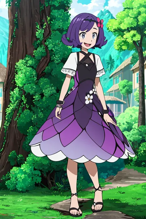 <lora:Alola_Style:0.8>, ((masterpiece,best quality)), absurdres,
1girl, smile, short hair, open mouth, hair ornament, dress, standing, purple hair, flower, short sleeves, outdoors, tree, grey eyes, torn clothes, sandals, nature, armlet, flipped hair, stitches, multicolored dress, topknot, torn dress