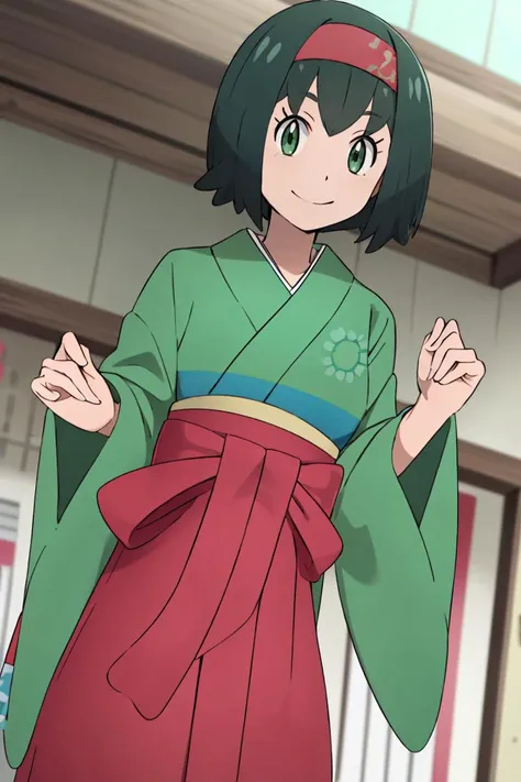 <lora:Alola_Style:0.6>, ((masterpiece,best quality)), absurdres, <lora:Erika_Pokemon_Anime_Dim32:0.8>, Erika_Pokemon, green eyes, short black hair, kimono, hakama, red hairband, solo, smiling, looking at viewer, cowboy shot,