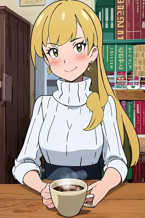 <lora:Alola_Style:0.7>, ((masterpiece,best quality)), absurdres, 1girl, sweater, smile, blushing, turtleneck, earrings, library, cup of steaming coffee, looking at viewer,